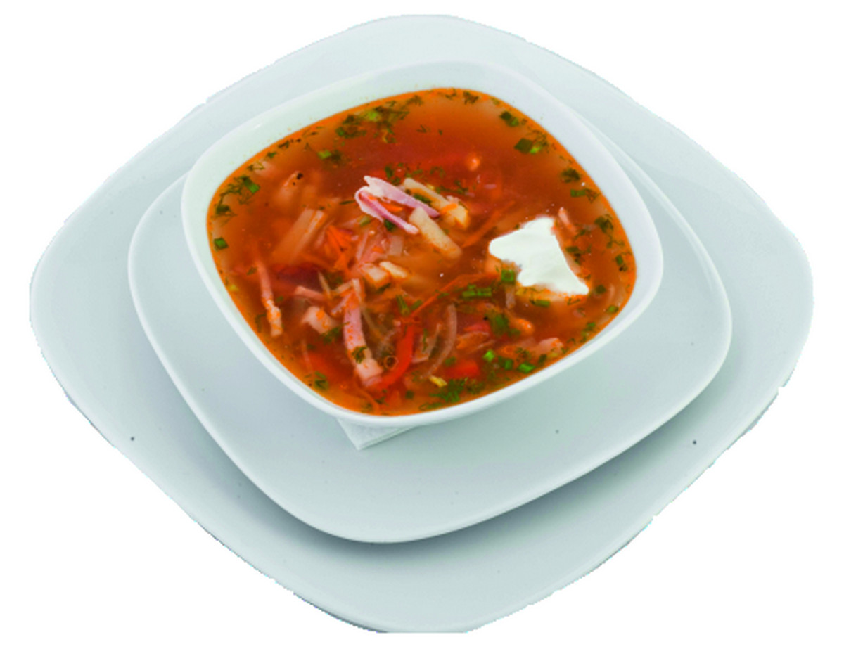 “Borsch” ( seasonal “Shi”) with meat , smoked bacon and sour cream